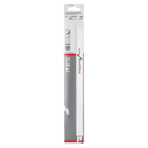 Bosch 2608656022 S1222VF Bi-Metal Flexible Reciprocating Saw Blade for Wood & Metal 300mm 10-14TPI (Pack of 5)