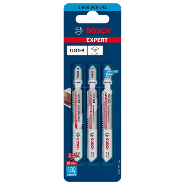 Bosch 2608900542 EXPERT T128BHM Carbide Clean Jigsaw Blade for Laminate 92mm 14TPI (Pack of 3)