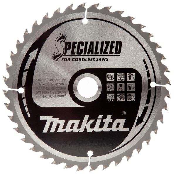 Makita B-32960 SPECIALIZED TCT Cordless Circular Saw Blade for Wood 165 x 20mm x 40T