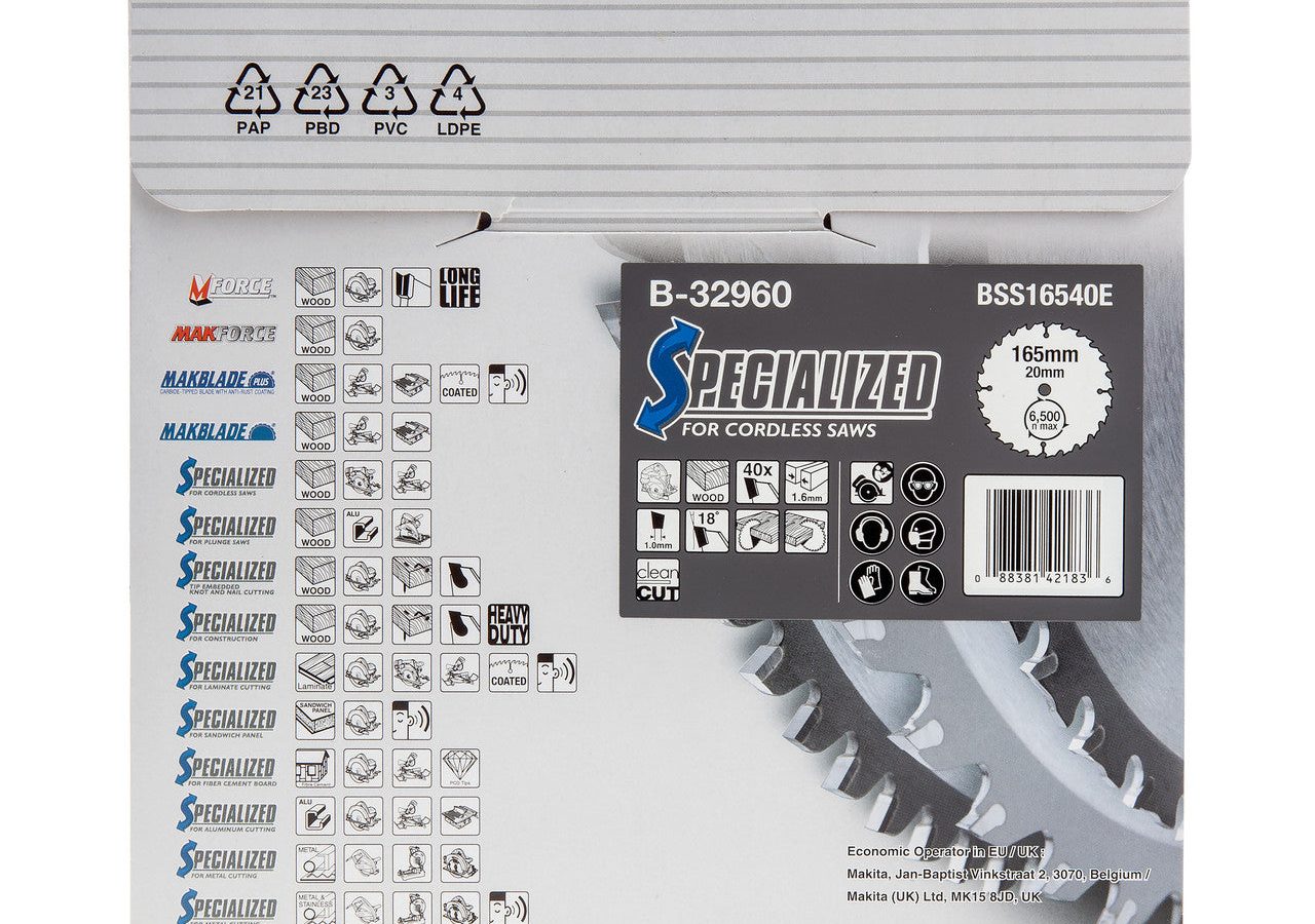 Makita B-32960 SPECIALIZED TCT Cordless Circular Saw Blade for Wood 165 x 20mm x 40T