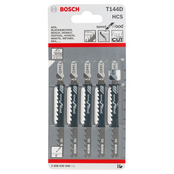 Bosch 2608630040 T144D HCS Speed Jigsaw Blade for Wood 100mm (Pack of 5)