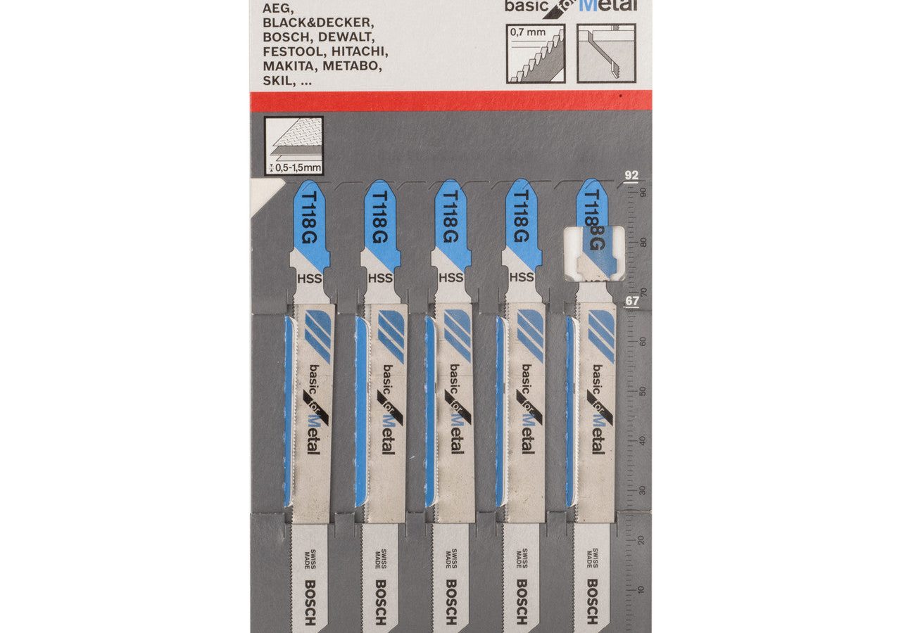 Bosch 2608631012 T118G HSS Basic Jigsaw Blade for Very Thin Metal 92mm 36TPI (Pack of 5)