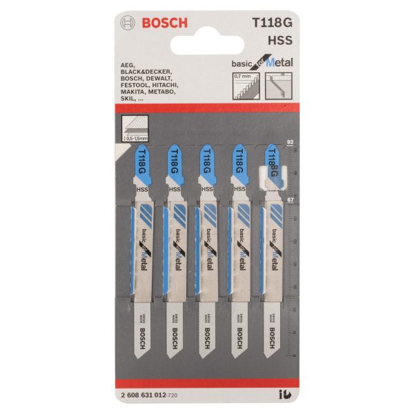 Bosch 2608631012 T118G HSS Basic Jigsaw Blade for Very Thin Metal 92mm 36TPI (Pack of 5)