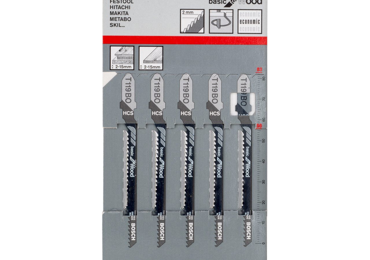 Bosch 2608630310 T119BO HCS Basic Curve Jigsaw Blade for Wood 83mm 12TPI (Pack of 5)