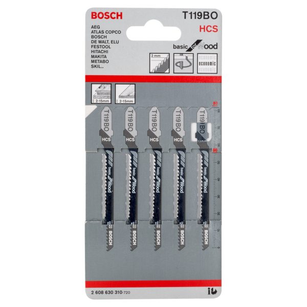 Bosch 2608630310 T119BO HCS Basic Curve Jigsaw Blade for Wood 83mm 12TPI (Pack of 5)