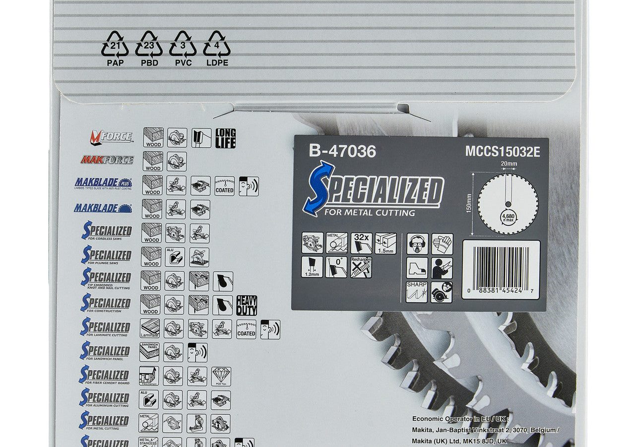 Makita B-47036 SPECIALIZED TCT Circular Saw Blade for Mild Steel 150 x 20mm x 32T