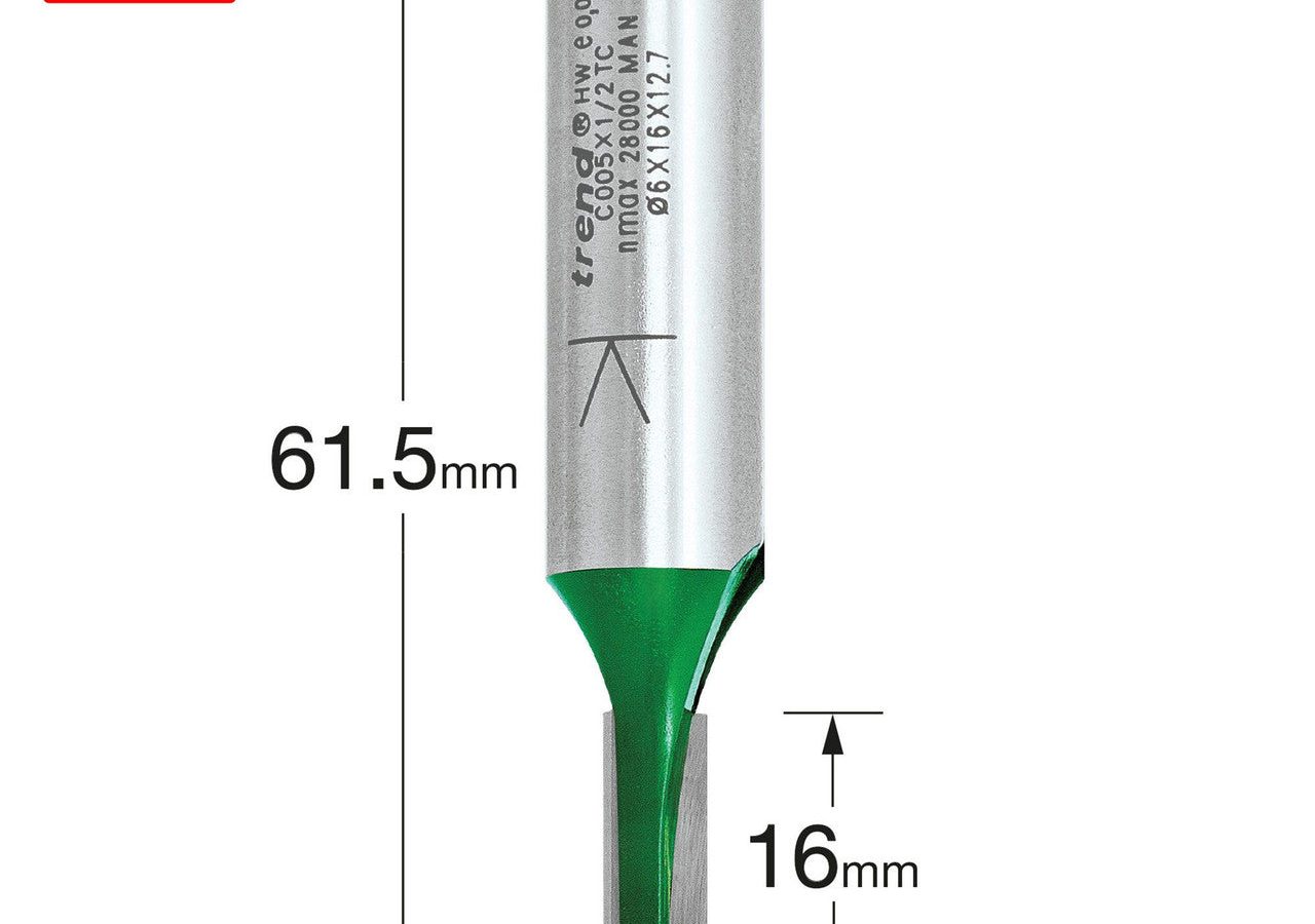 Trend C005X1/2TC CraftPro TCT Two-Flute Straight Router Cutter 6 x 16mm 1/2″ Shank
