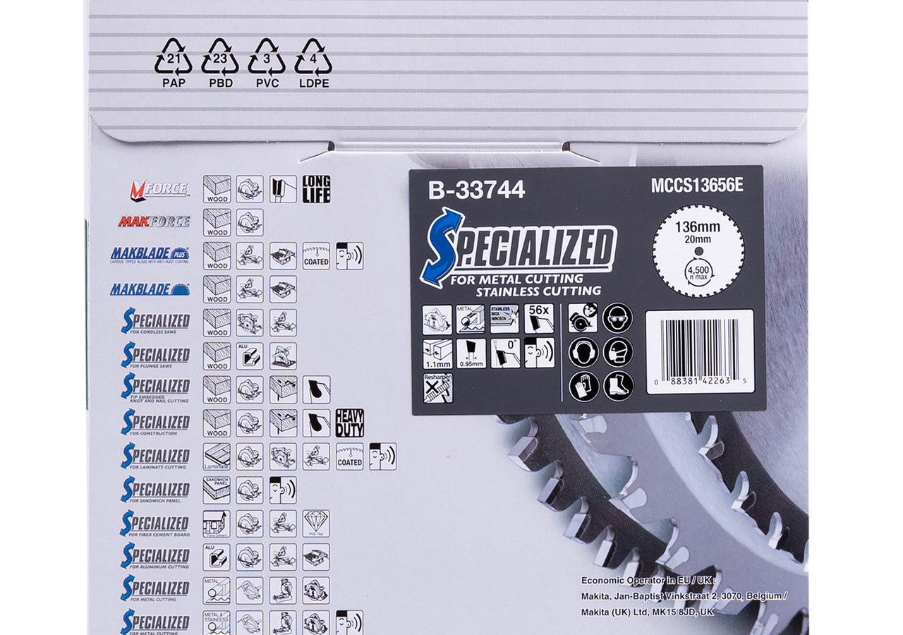 Makita B-33744 SPECIALIZED TCT Circular Saw Blade for Metal & Stainless Steel 136 x 20mm x 56T