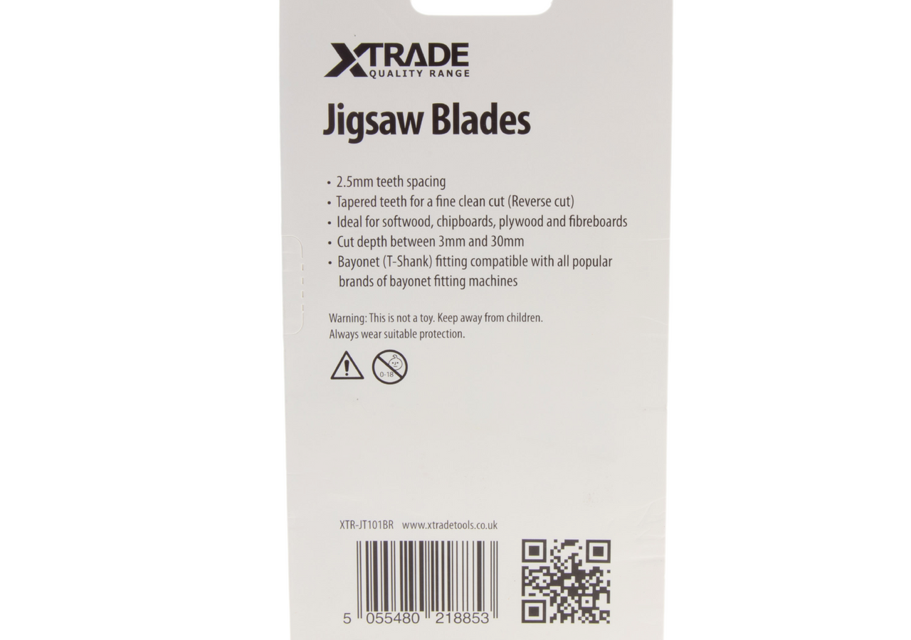 XTrade JT101BR CrV Reverse-Cut Clean Jigsaw Blade for Wood 100mm 10TPI (Pack of 5)