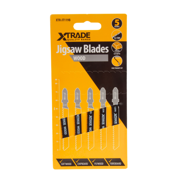 XTrade JT119B CrV Basic Jigsaw Blade for Wood 75mm 12TPI (Pack of 5)