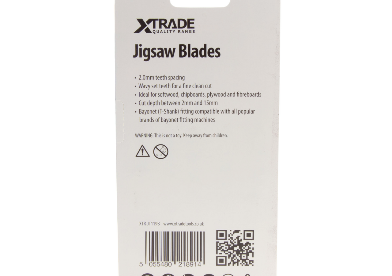 XTrade JT119B CrV Basic Jigsaw Blade for Wood 75mm 12TPI (Pack of 5)