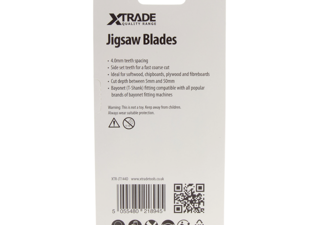 XTrade JT144D CrV Speed Jigsaw Blade for Wood 100mm 6TPI (Pack of 5)