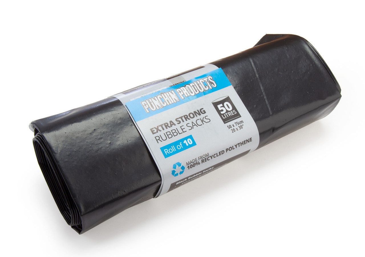 Punchin BLACKRUBBLE200 Black Heavy-Duty Rubble Sacks 50L (20 Rolls of 10)