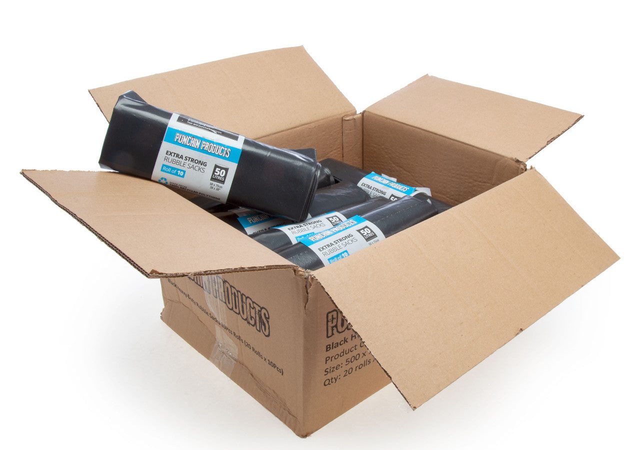 Punchin BLACKRUBBLE200 Black Heavy-Duty Rubble Sacks 50L (20 Rolls of 10)