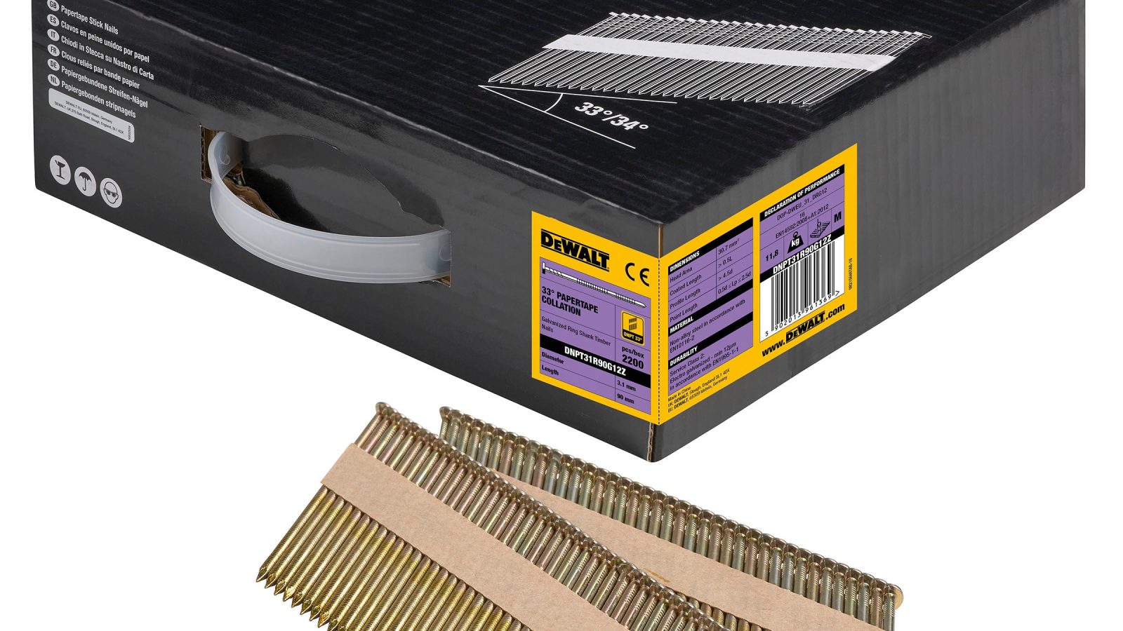 DeWalt DNPT31R90G12Z Galvanised 33° Paper-Tape Ring Shank Framing Nails 3.1 x 90mm (Pack of 2200)