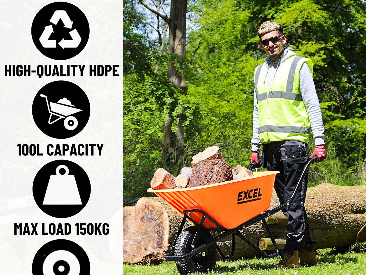 Excel 30372 Heavy-Duty Wheelbarrow with 100L HDPE Tray (Pallet of 6)