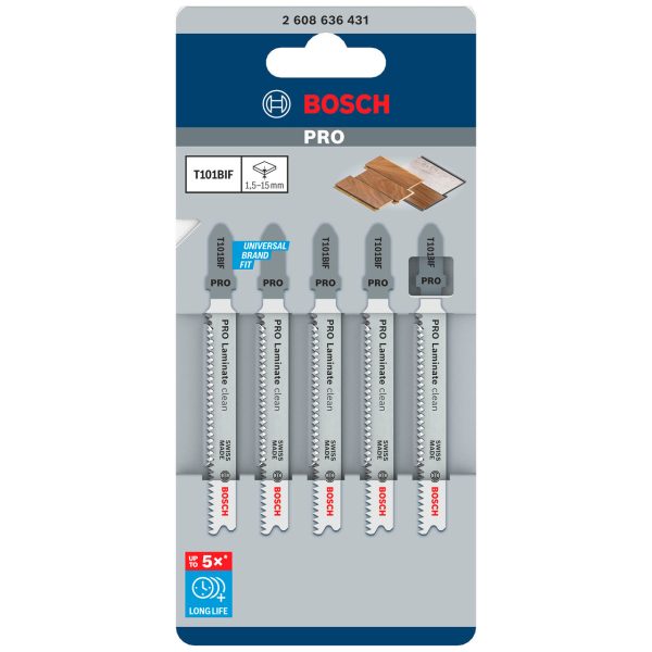 Bosch 2608636431 PRO T101BIF Bi-Metal Clean Jigsaw Blade for Laminate 83mm 15TPI (Pack of 5)