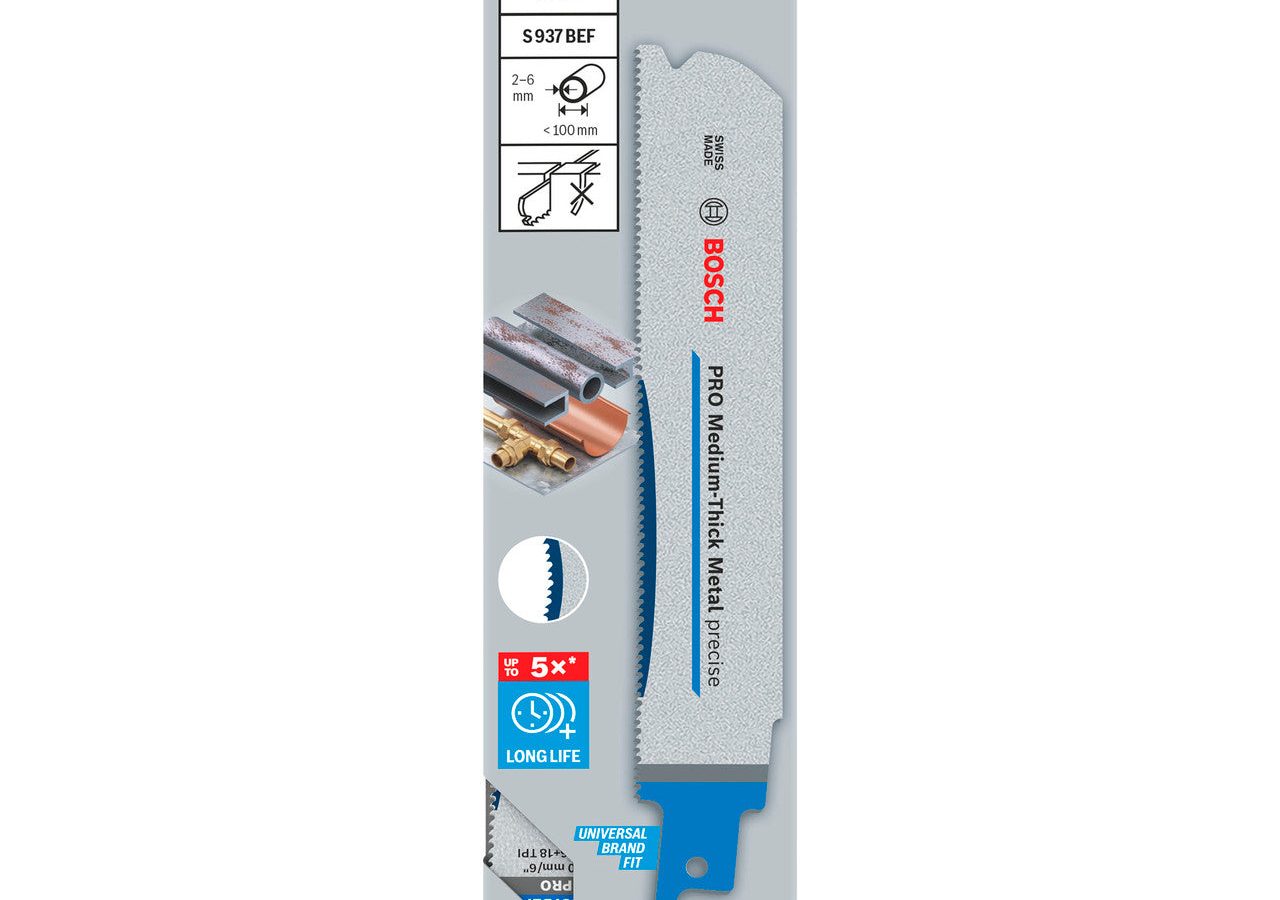 Bosch 2608658991 PRO S937BEF Bi-Metal Precise Reciprocating Saw Blade for Medium-Thick Metal 150mm 14+16+18TPI (Pack of 5)