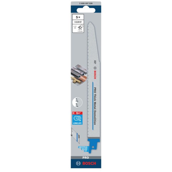 Bosch 2608657528 PRO S1130CF Bi-Metal Demolition Reciprocating Saw Blade for Thick Metal 225mm 8+10TPI (Pack of 5)