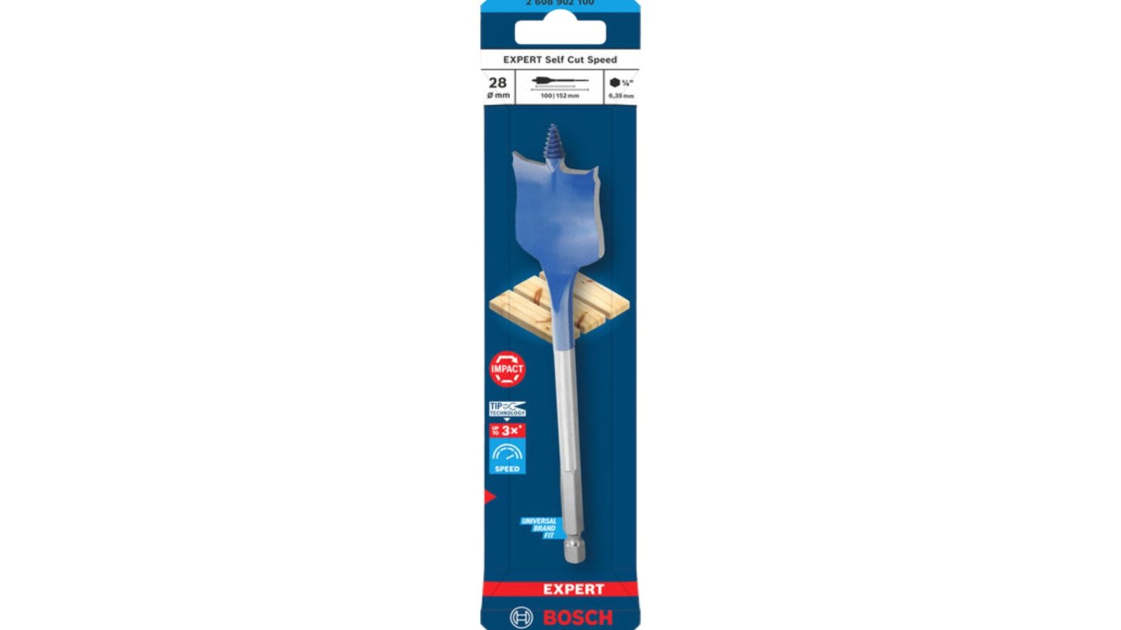 Bosch 2608902100 EXPERT Self Cut Speed Spade Drill Bit for Wood 28 x 100 x 152mm