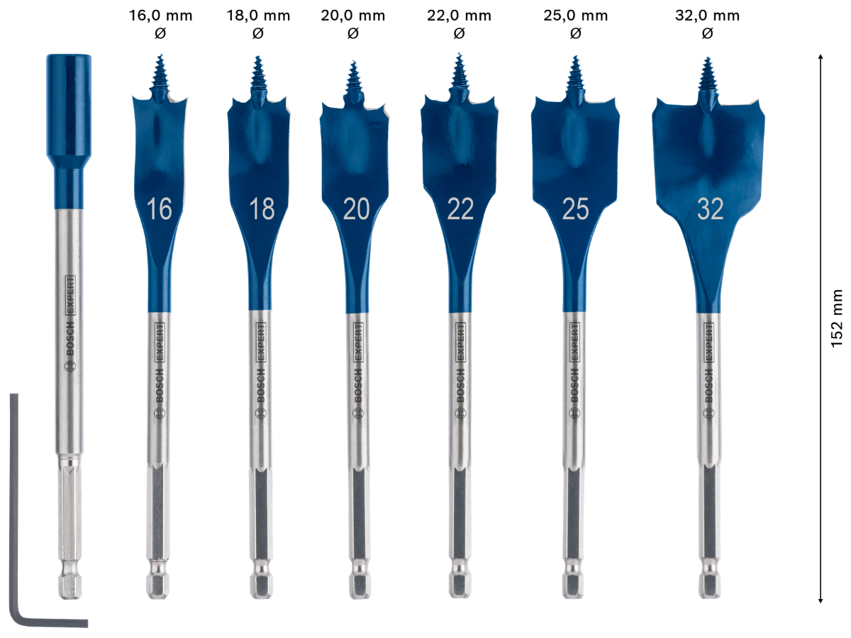 Bosch 2608902110 EXPERT Self Cut Speed Spade Drill Bit Set for Wood 16-32mm + 152mm Extension (7 Piece)