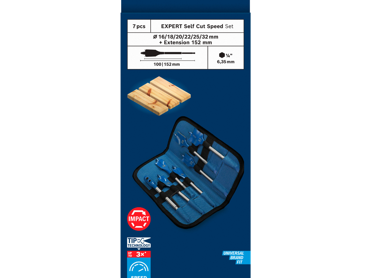 Bosch 2608902110 EXPERT Self Cut Speed Spade Drill Bit Set for Wood 16-32mm + 152mm Extension (7 Piece)