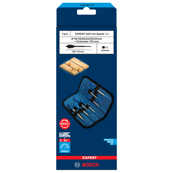 Bosch 2608902110 EXPERT Self Cut Speed Spade Drill Bit Set for Wood 16-32mm + 152mm Extension (7 Piece)