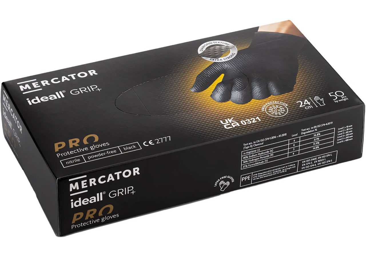Mercator RP300260Q3 Ideall Grip Black Nitrile Disposable Gloves Size 8 (M) (Pack of 50)
