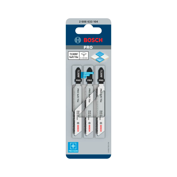 Bosch 2608633104 PRO T130RF Carbide Grit Jigsaw Blade for Soft Tile 83mm Grit 30 (Pack of 3)