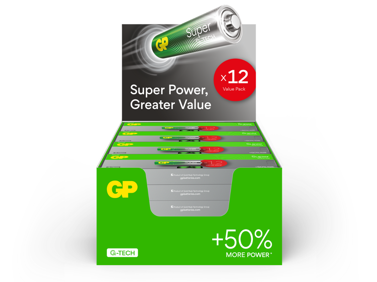 GP Batteries GPPCA15AS671 Super Alkaline AA 1.5V Batteries (12 Batteries per Pack, Merchandising Box of 24 Packs)