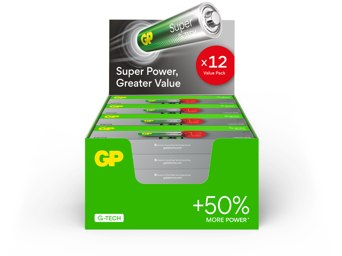 GP Batteries GPPCA24AS597 Super Alkaline AAA 1.5V Batteries (12 Batteries per Pack, Merchandising Box of 24 Packs)