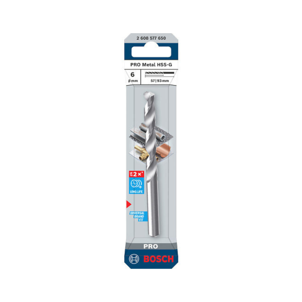 Bosch 2608577650 PRO HSS-G Ground Twist Drill Bit for Metal 6 x 57 x 93mm (Pack of 2)