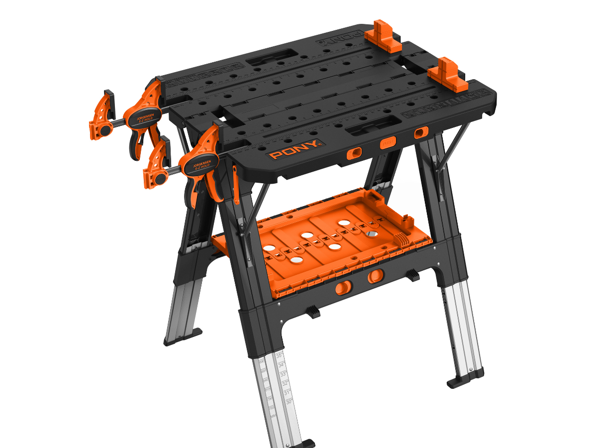 Pony Jorgensen 60P Heavy-Duty 2-in-1 Folding Worktable/Sawhorse with 2 x 33412 12″ E-Z HOLD Clamps – 500lb/1,000lb Capacity