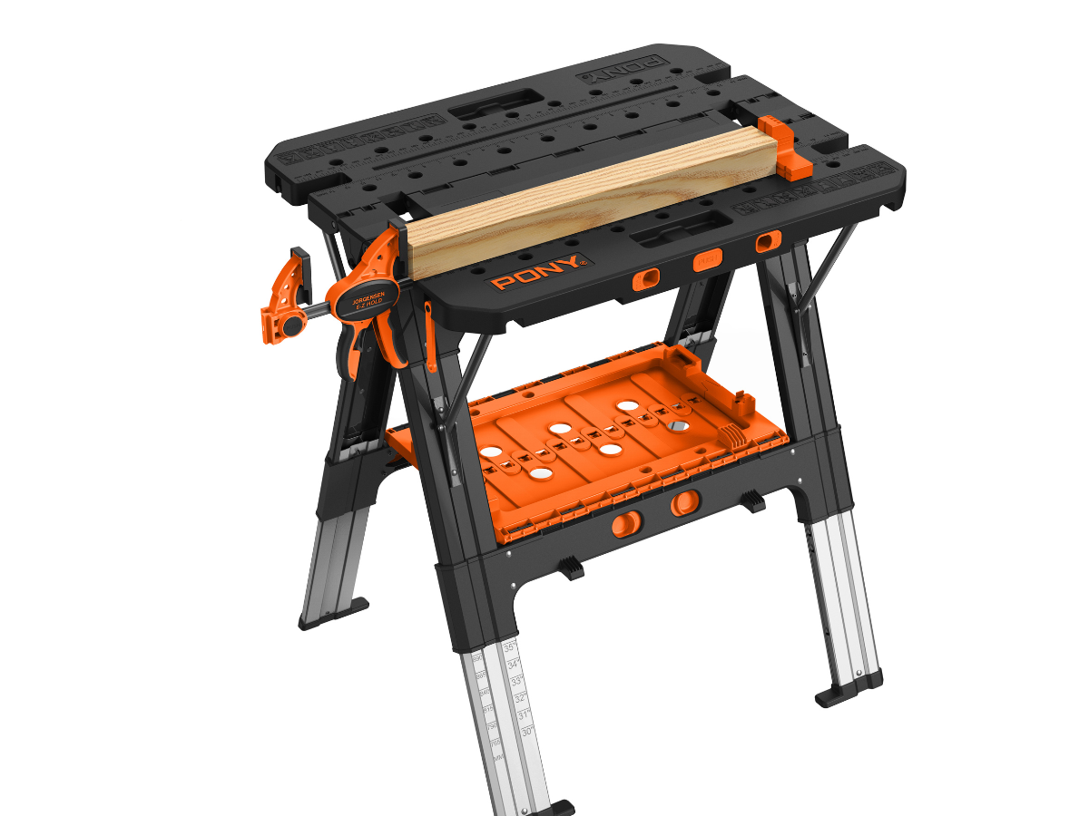 Pony Jorgensen 60P Heavy-Duty 2-in-1 Folding Worktable/Sawhorse with 2 x 33412 12″ E-Z HOLD Clamps – 500lb/1,000lb Capacity