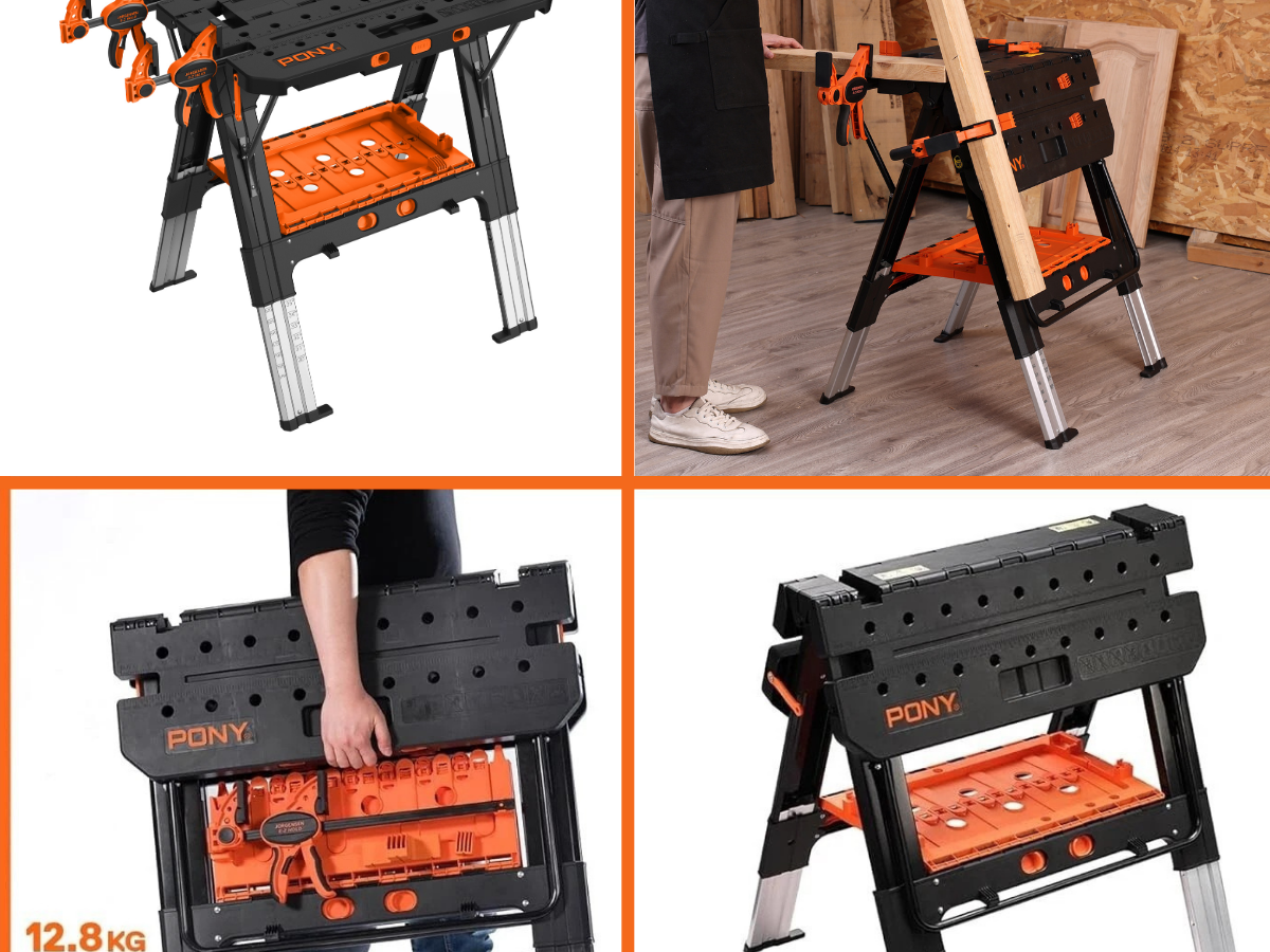 Pony Jorgensen 60P Heavy-Duty 2-in-1 Folding Worktable/Sawhorse with 2 x 33412 12″ E-Z HOLD Clamps – 500lb/1,000lb Capacity