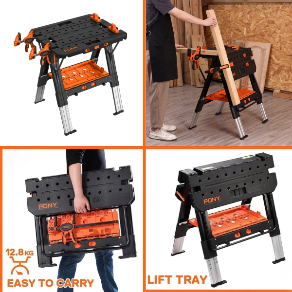 Pony Jorgensen 60P Heavy-Duty 2-in-1 Folding Worktable/Sawhorse with 2 x 33412 12" E-Z HOLD Clamps - 500lb/1,000lb Capacity